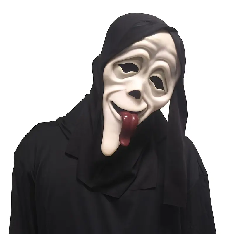 Horror Ghost Face Mask with Tongue, Natural Rubber Hooded Headpiece, Perfect for Halloween, Christmas Party and Performance, Suitable for Ages 14+, Creepy Spooky, Party Supplies, Costume Mask