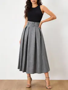 High Waist Pleated Maxi Dress, Belted Waist Design, Commuter Versatile Everyday Skirt, Elegant Long Dress for Women