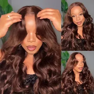Wavymy 13x6 Max Lace Chocolate Brown Face-Framing Curtain Bangs Layered Cut Body Wave Lace Frontal Wig Drawstring Wear & Go Wigs Dome Cap Glueless Wigs 180% Density