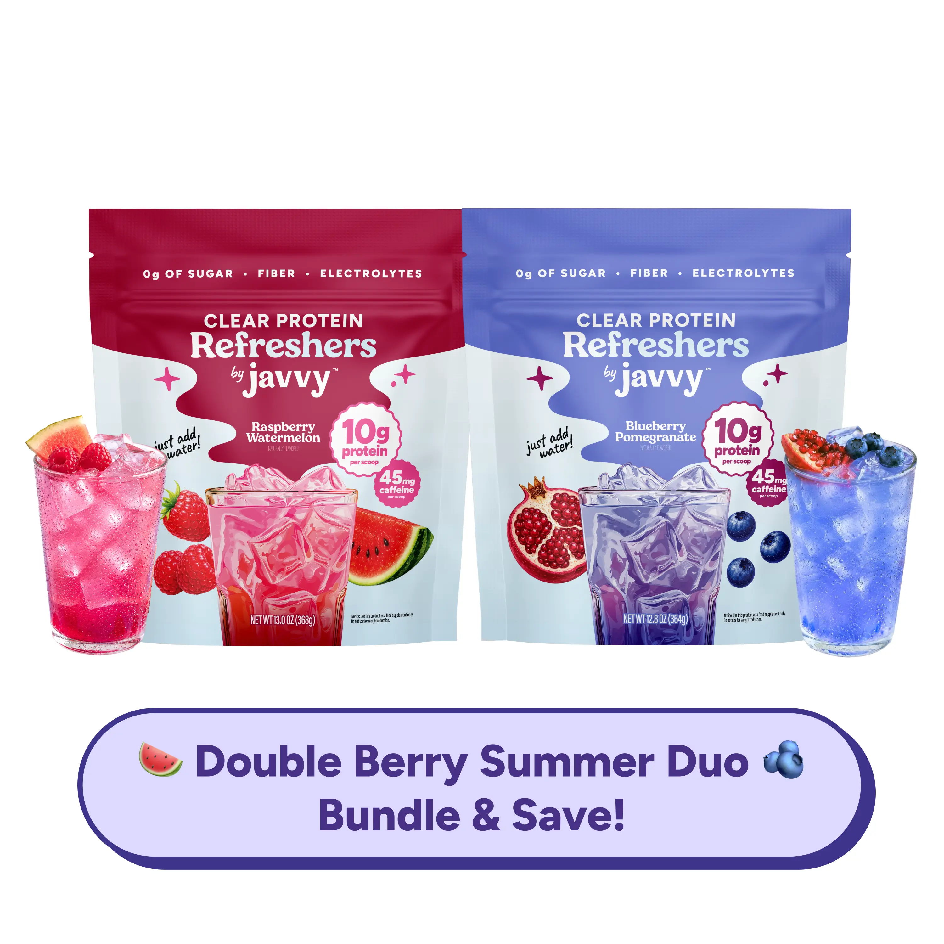 Javvy Double Berry Summer Duo TikTok Exclusive - Raspberry Watermelon + Blueberry Pomegranate Refresher Clear Whey Protein Drink Mix, 45mg Caffeine, 0g Sugar, 10g Protein, With Fiber & Electrolytes, 20 Servings Each