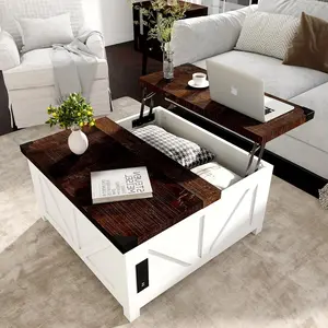 Farmhouse Lift Top Coffee Table with Storage, Wood Square Center Table with Charging Station&USB Port, Living Room Table w/Large Hidden Space, for Living Room, Bedroom, Home Office Coffeetable