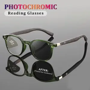 New Photochromic Reading Glasses, Anti-Blue Light, Correction, Uv400 Protection, Retro Round Frame with Dual Rivet Decorations, Resin, Photochromic Eyeglasses