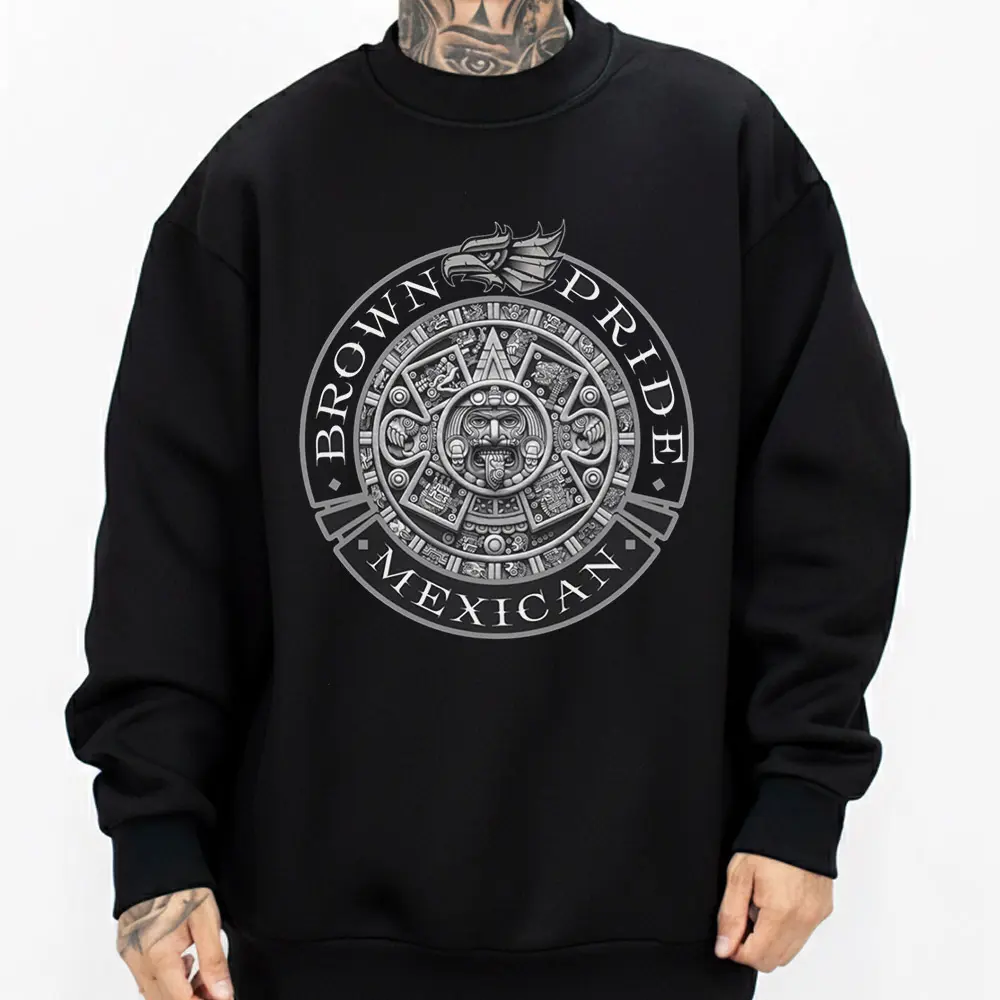Brown Pride Mexican Aztec Calendar Art Chicano Clothing Lowrider Style Chicana Art Gangster Clothes Cholo Outfit Cotton Fabric Unisex Hoodie for Men and Women Long Sleeve Casual Streetwear 0512 Black Sweatshirts