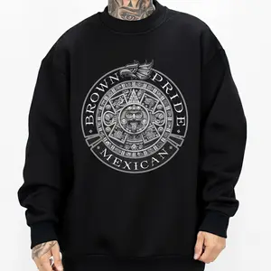 Brown Pride Mexican Aztec Calendar Art Chicano Clothing Lowrider Style Chicana Art Gangster Clothes Cholo Outfit Cotton Fabric Unisex Hoodie for Men and Women Long Sleeve Casual Streetwear 0512 Black Sweatshirts