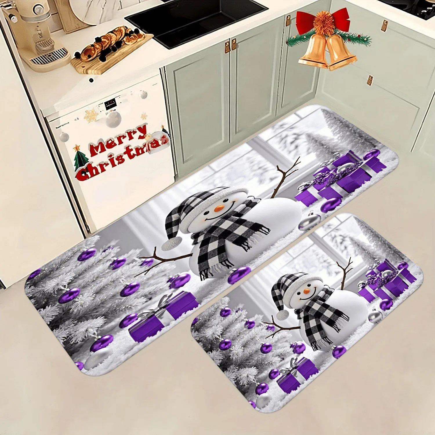 Christmas Snowman Purple Gift Kitchen Rug, Winter Holiday Buffalo Plaid Snowman Anti-Slip Absorbent Floor Mat for Kitchen Home Decor