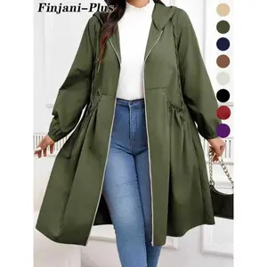 Plus Size Solid Drawstring Zip Up Hooded Coat, Casual Long Sleeve Pocket Outerwear for Fall & Winter, Women's Clothes for Daily Wear??gift??