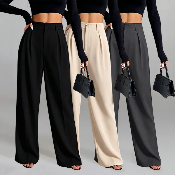 Women’s classic three-piece set of high-waisted pleated wide-leg floor-length pants, wrinkle-resistant and smooth-sliding fabric, versatile for office and everyday wear, hip-concealing elegant casual trousers
