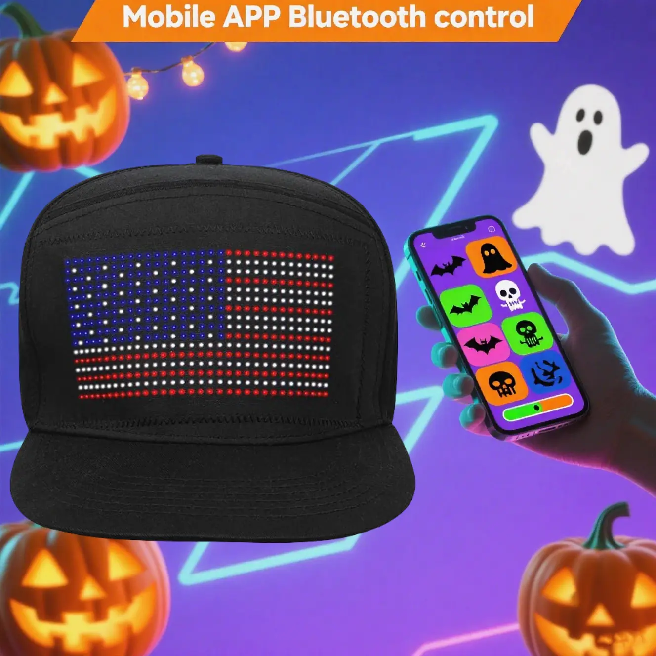 LED Hats,NEW 16x32 Full-Color LED Scrolling Hat with Bluetooth App for Custom GIFs Pics Text Removable LED Display for Christmas Party Clubs Outdoor Bar - Firework Halloween Spooky Cap Cyberpunk Mask,summerwins