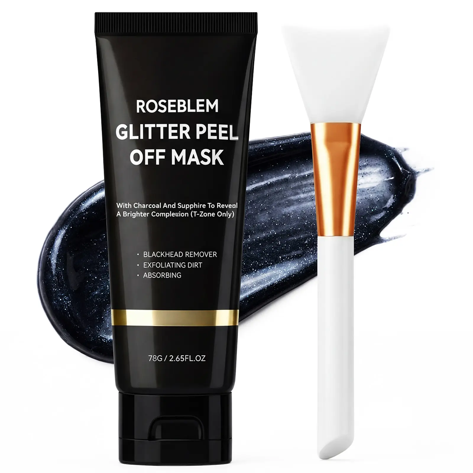 ROSEBLEM Glitter Peel Off Mask with Charcoal & Sapphire, Blackhead Remover & Exfoliating Face Mask with Brush (78g)