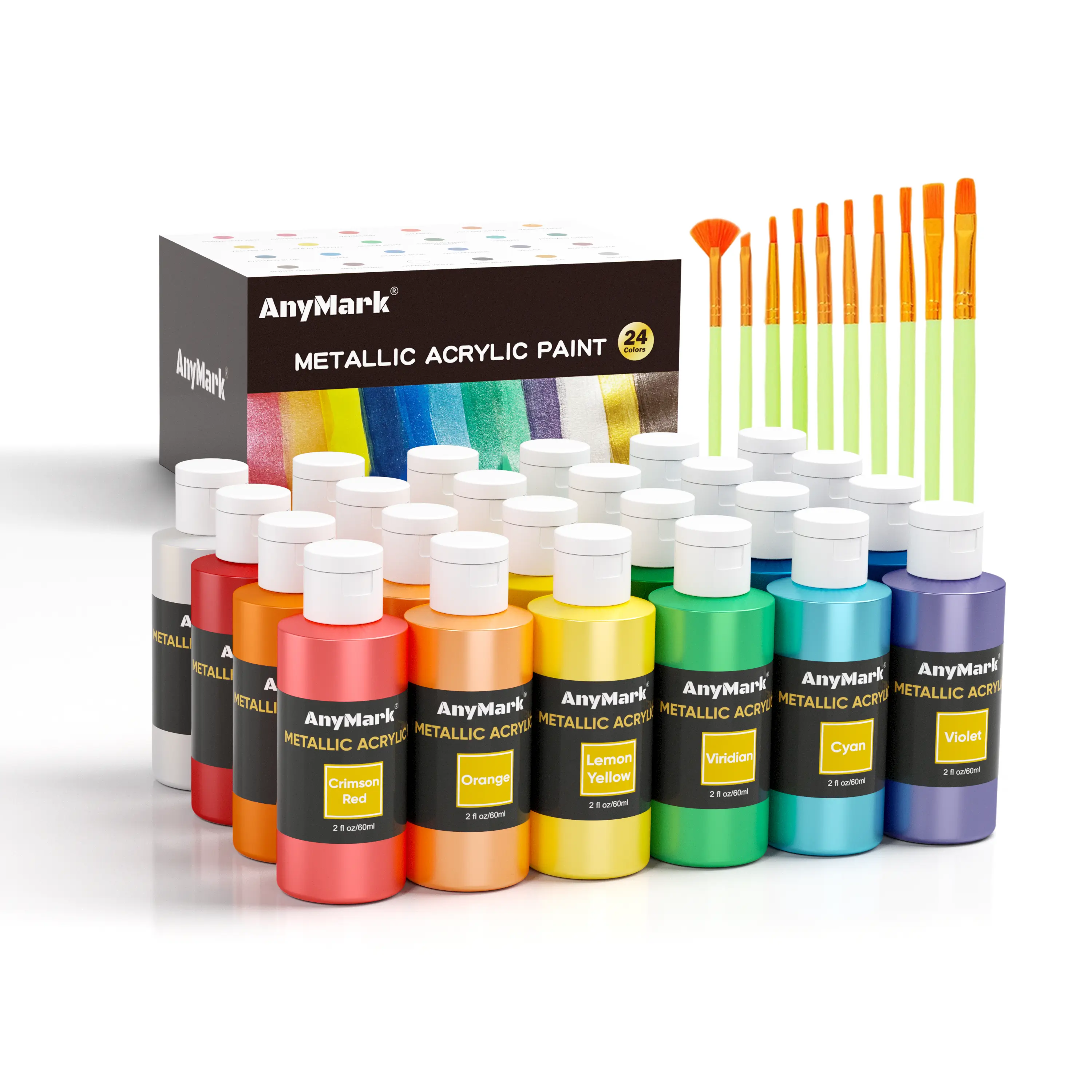AnyMark Assorted Colored Metallic Acrylic Paint Set with Brushes, 2 fl oz/60ml Bottles, Glitter Paint for All Ages & Beginners, Ideal for Fabric Art & Card Design, Effortless Cleanup