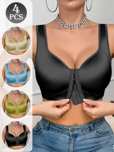 4 Pack Standard Fit Front Closure Bras, Buttery Soft Wireless Comfort Bra Set for Women push, Seamless, Pieces