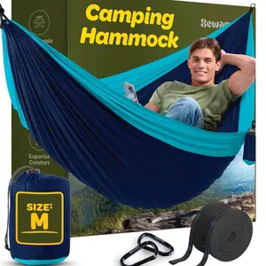 Durable Hammock 400 lb Capacity, Nylon Camping Hammock Chair - Single Size w/Tree Straps and Attached Carry Bag - Portable for Travel/Backpacking/Beach/Backyard (Medium, Blue & Light Blue)