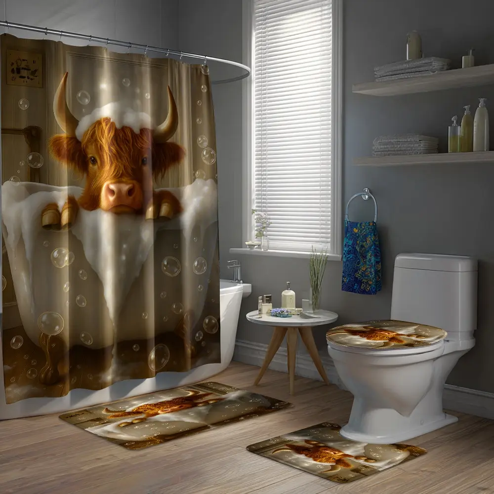 Festive Highland Cow Bathroom Set, Western Shower Curtains For Bathroom, Includes Shower Curtain Sets & 12 Hooks, Non-Slip Bath Mat, U-Shaped Rug, Toilet Lid Cover, Home Decor Gift, Bathroom Decoration Accessories