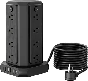 Surge Protector Power Strip Tower with USB Ports, 15 FT Extension Cord Tower with 16 Widely Spaced Outlets 4 USB Ports, 1080 Joules, Overload Protection, Flat Plug Power Strip for Home, Office, Black summervibes