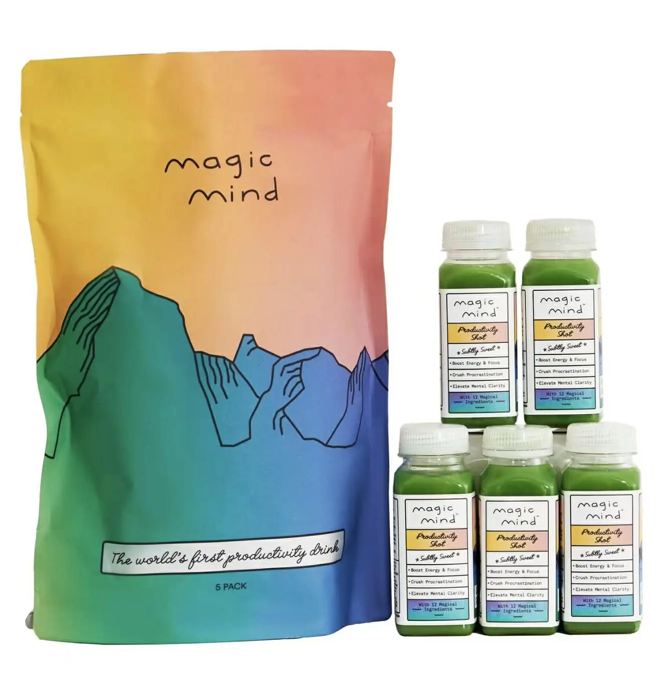 Magic Mind Energy And Focus Drink Shots - (5 PACK ORGINAL) Stress Relieving, No Jitters, Ashwagandha, Vitamin B12, Vitamin C, Matcha Green Tea, Functional Mushrooms - 2 FL Oz