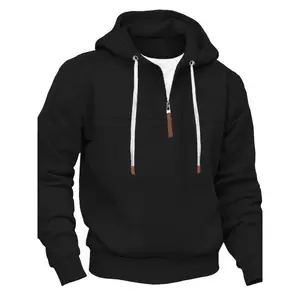 Men’s casual quarter-zip hoodie; fall/winter fleece plus-size long-sleeve hoodie; polyester blend hoodie; lightweight stretch fabric for autumn/winter; loose knit hoodie; suitable for everyday wear.