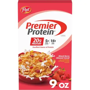 Premier Protein Mixed Berry Almond Cereal, Protein Cereal Flakes Mixed with Dried Berries and Sliced Almonds, Contains 20g of Protein Per Serving, 9 OZ Box