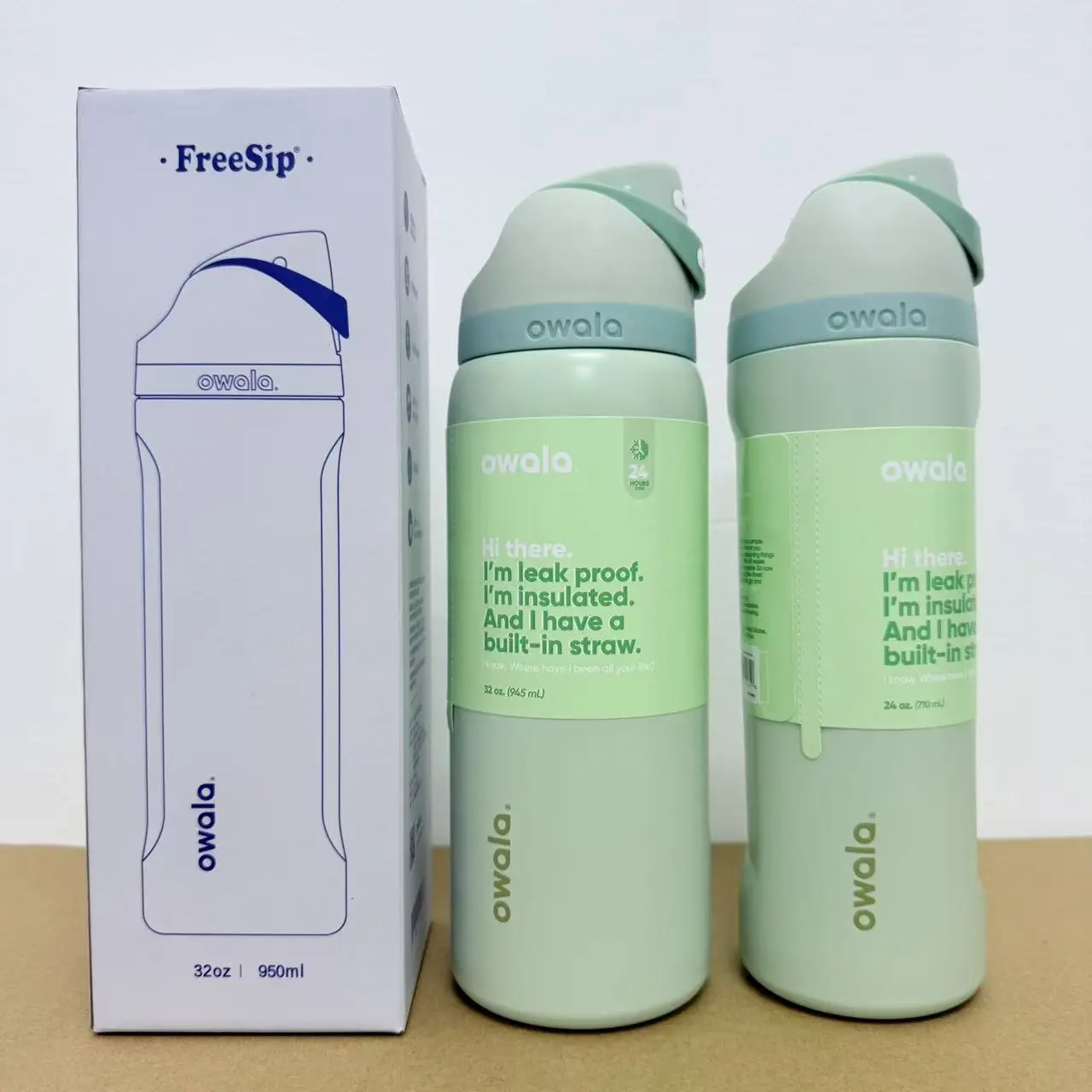 Owala FreeSip Insulated Stainless Steel Water Bottle - 24oz/32oz Sage Green Leak-Proof BPA-Free Travel Tumbler with 2-in-1 Straw & Spout Lid