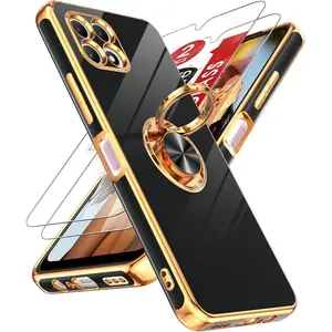 Revvl 7 5G Case: with 2 Pack Tempered Glass Screen Protector and 360° Rotatable Ring Holder Magnetic Kickstand, Plating Rose Gold Edge for T-Mobile Revvl 7 5G Case, Black Accessories Protection Game Cellphone Cover Smartphone