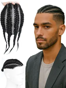 Men's Cornrow Braids Toupee with Human Hair Ultra-Thin PU Base & V-Looped Design, Topper System for Crown Thinning & Receding Hairline, Breathable for Daily Wear