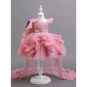 Girls Princess Tutu Dress, Ruffled Sleeves and Flared Hem - Soft Viscose Polyester Blend, Pink Party Dress Suitable for Birthdays, Weddings, Special Occasions - Hand Wash Only, Princess Dress