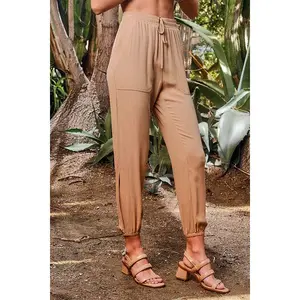 Endless Blu Crinkled Rayon Patch Pocket Ankle Pants with Slit