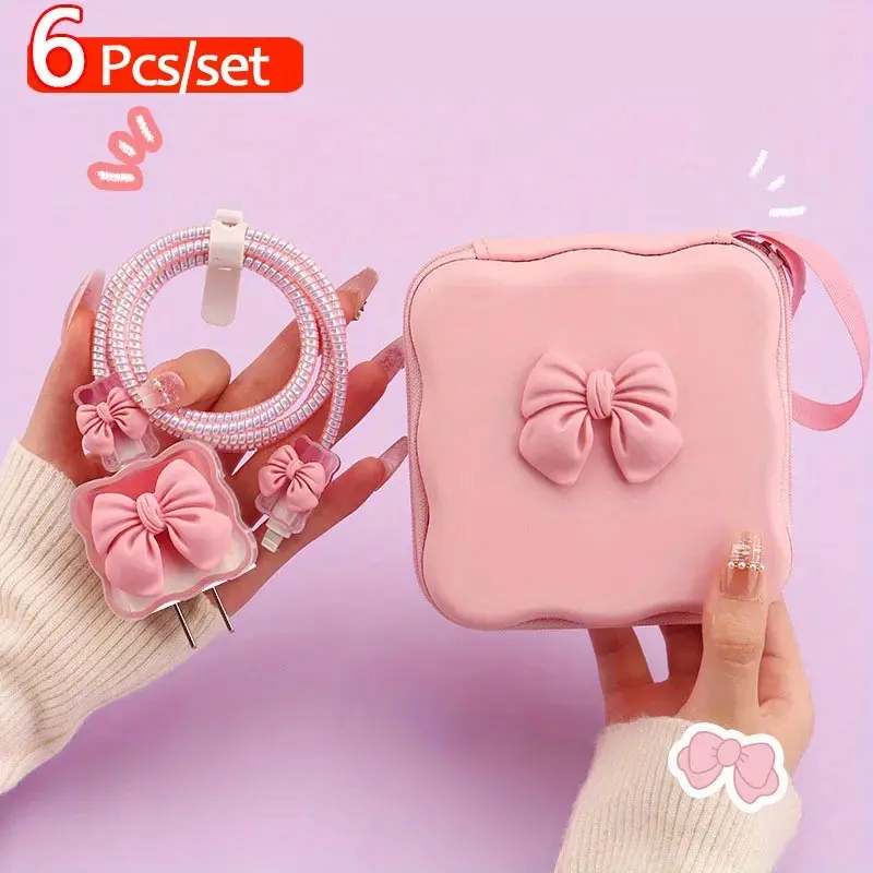 6 in 1 Cable Protector Set And Storage Bag Travel Organization Pouch Lovely Bow Knot Travel Storage Bag Cute Cable Charger Protector Cord Organizer Multi Pocket Organizer Portable Travel Accessories