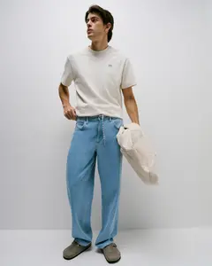 Men's 100% Cotton Drawstring Baggy Jean - Light Stone