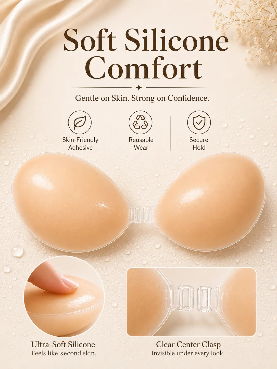 Strapless Sticky Bra,sticky bra push‐up,Reusable Silicone Push-Up Bra with Strong Hold for Women - Invisible & Seamless for Low Cut and Backless Dresses