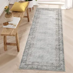 Vintage Style 2x6 ft Polyester Fiber Rectangular Runner Rug, Grey Green Distressed Floral Print with Heritage Motif, Low Pile, Stain-Proof, Machine Washable for Laundry, Bathroom, Indoor Use