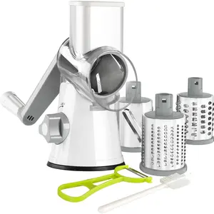 Rotary Cheese Grater Hand Crank, Kitchen Shredder Speed Mandolin Slicer Nuts Grinder with Handle and 3 Drum Blades for Cheese, Vegetable, Walnuts, Chocolate, Potato, Carrot, White