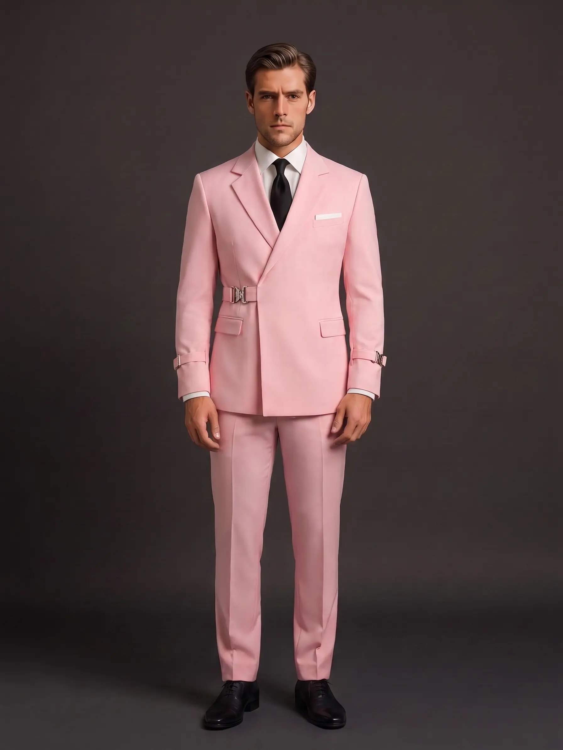 Men's 2-Piec Suit with Metal Clasp, Chic Fitted Long-Sleeve Mens Clothing, V-Neck Business & Casual Tuxedo, Men's 2 Piece Sets Trouser Matching Formal Wear Workwear