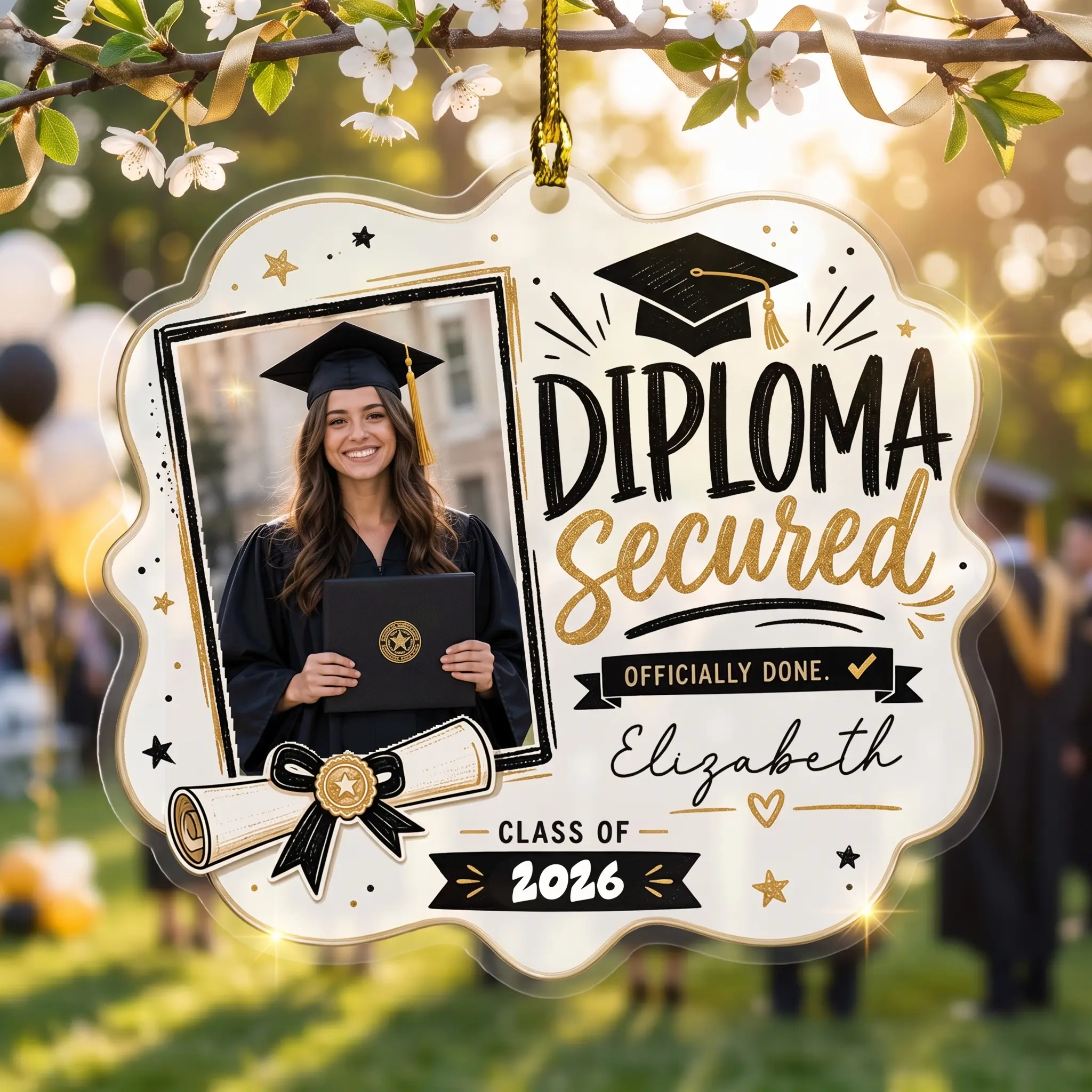 Diploma Secured Officially Done Personalized Acrylic Ornament with Photo, Custom Name Graduation Gift