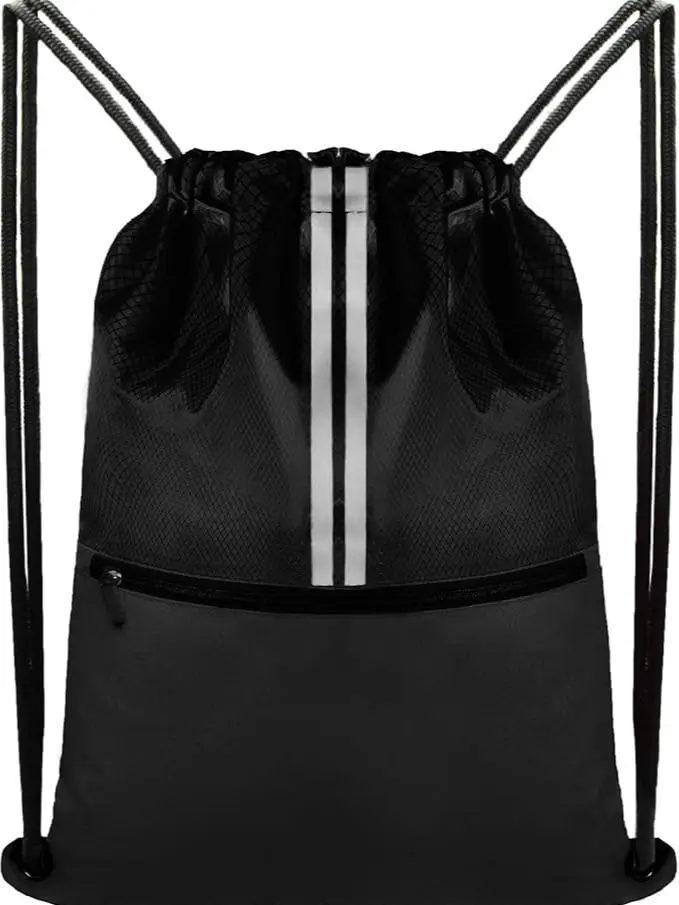 Drawstring Gym Sackpack - Lightweight Sports Draw String Bag with Zipper Pocket, Durable Large-Capacity 2-Tone Black Travel & Workout Bag for Men & Women