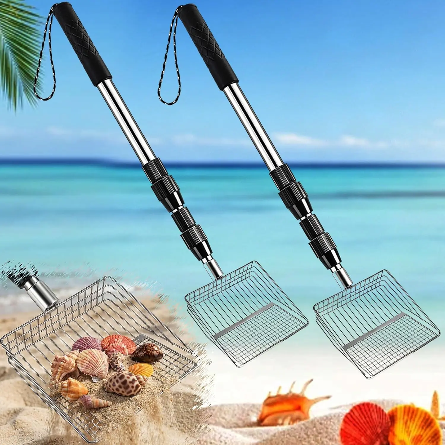 Upgraded 2 Pack Shark Tooth Sifter, Beach Shell Scooper Sand Sifter Shovel, Shelling Tools with Adjustable Stainless Steel Long Handle for Easy Digging Shark Teeth