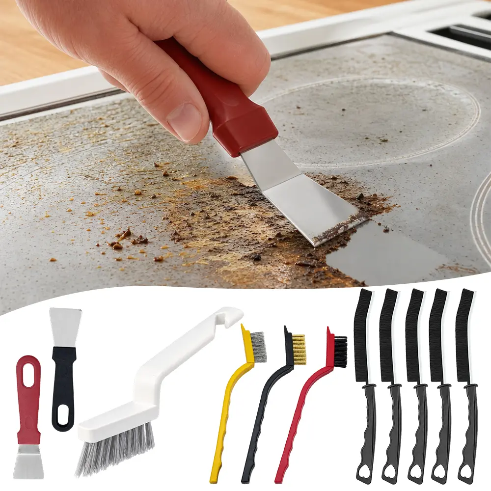 11Pcs V-Shaped Grout Cleaning Brush Set, with Stiff Bristles Crevice Cleaning Brush and Steel Scraper, Deep Cleaning Supplies for Cleaning Bathrooms, Kitchens, Tiles and Windows