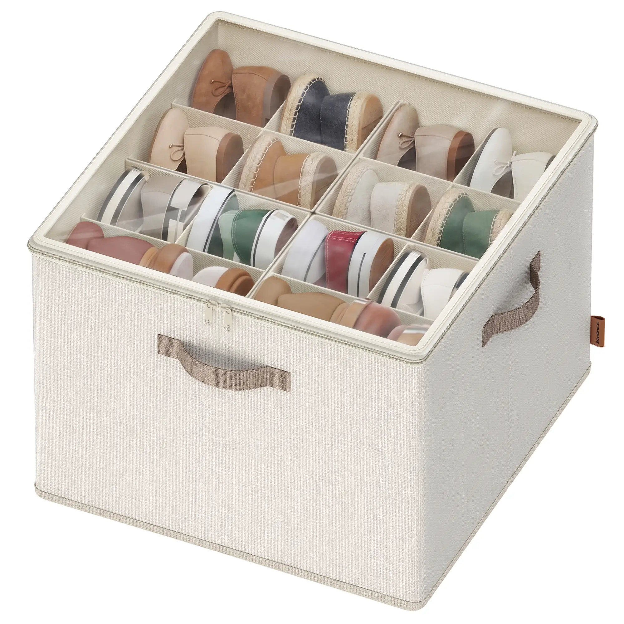 SONGMICS Shoe Organizer for Closet, Fabric Shoe Organizer Box with Adjustable Dividers, Storage Compartments, Stackable, Transparent Lid, for up to 16 Pairs