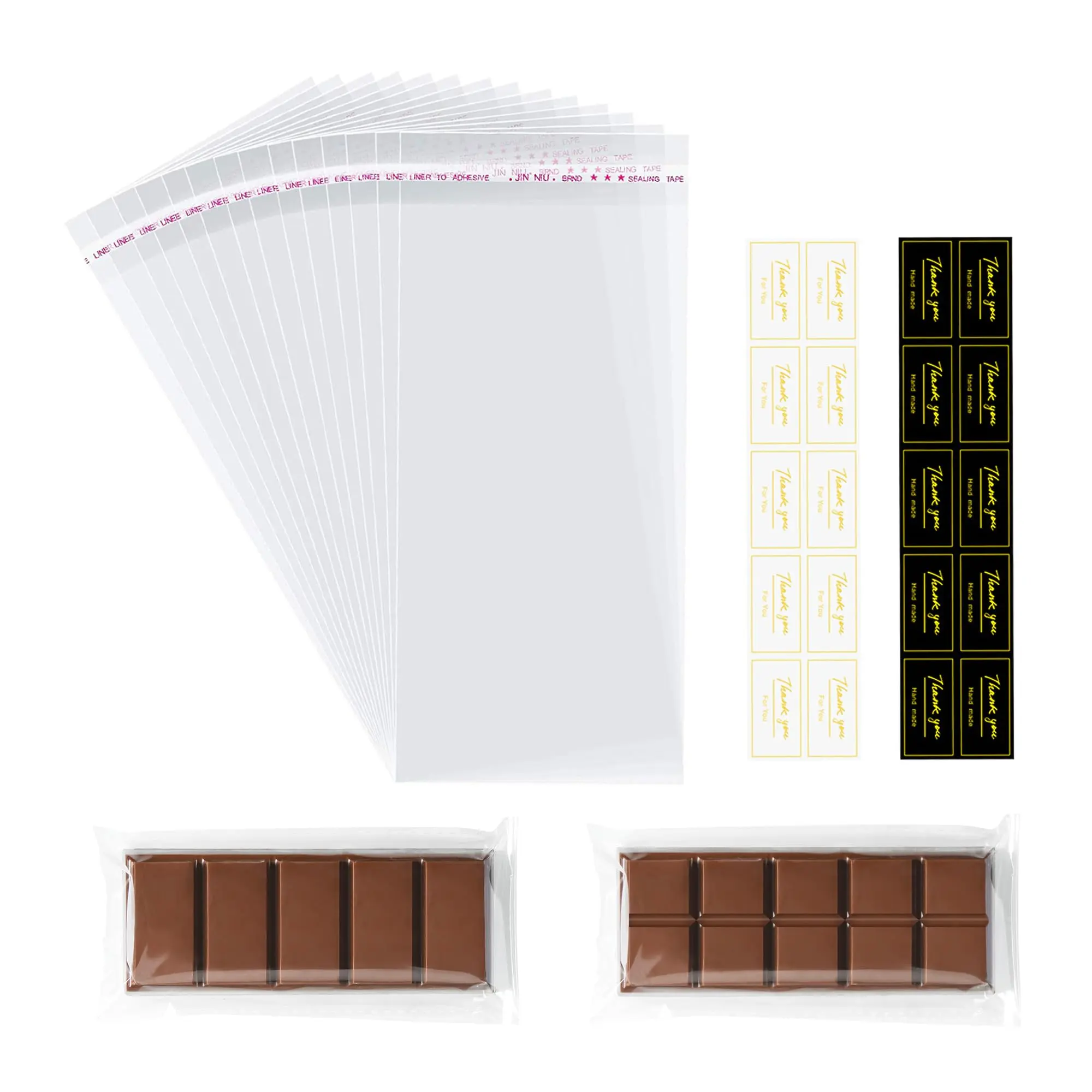 100 Pcs Knafeh Pistachio Chocolate Bar Wrappers with 100 Pcs Thank You stickers - 2.5 x 7.1 inch Candy Bar Packaging- Self Adhesive Small Plastic Wax Melt Snap Bar Bags