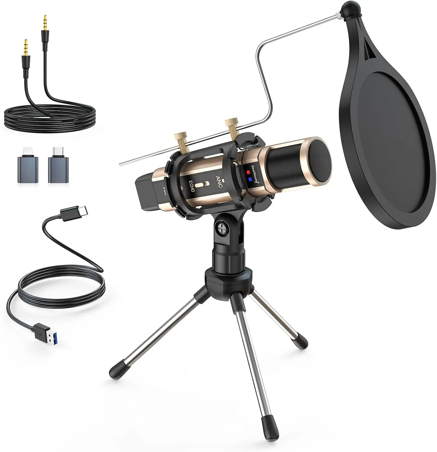 ZealSound USB Condenser Podcast Microphone - USB-C Compatible for iPhone, iPad, Android, PC, Laptop, Tablet - PC Accessories, Streaming Equipment with Noise Reduction, Mute, Headphone Monitoring, Echo Control for Podcasts, Classes