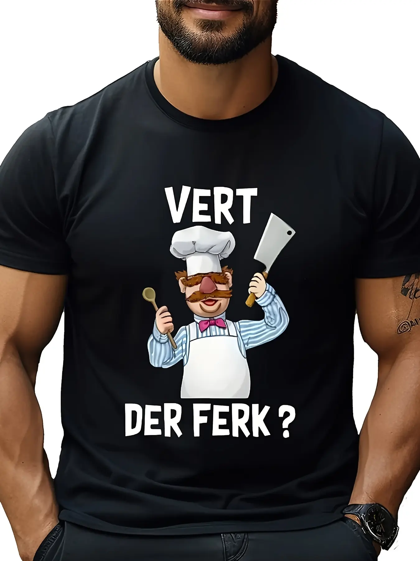 Men's "Vert Der Ferk" Swedish Chef Muppet Funny T-Shirt, Classic TV Humor Short Sleeve Crew Neck Tee