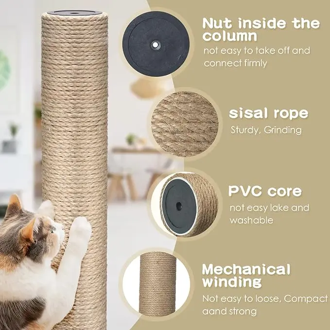 6 Pack Cat Scratching Post Replacement, 15.8 x 3.5 Inches Sisal Cat Tree Scratch Post Refill Pole Parts with M8 Screws, Spare Cat Furniture Accessories Scratcher Posts for Kittens Tree Tower