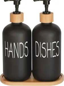 Glass Soap Dispenser Set. Hand and Dish with Bamboo Tray. Vintage Pump for Kitchen Sink Bathroom. Stylish Permanent Labels (Matte Black)