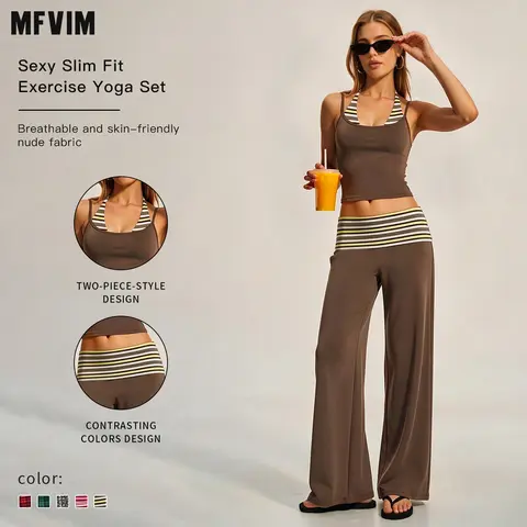 MFVIM Women's Stylish Slim-Fit 2-Piece Workout Set - Soft Silky Halter Camisole & Wide-Leg Pants, Premium Skin-Friendly Second-Skin Fabric, Flattering Back Yoga Activewear (Matching Sets for Women), 2 Piece Sets