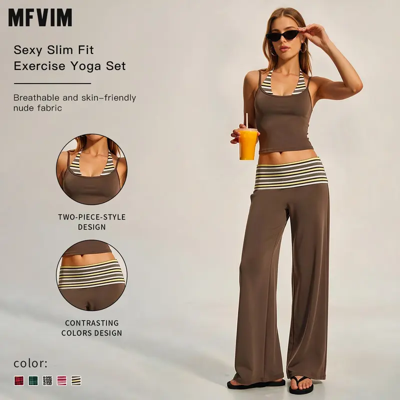 MFVIM Women's Stylish Slim-Fit 2-Piece Workout Set - Soft Silky Halter Camisole & Wide-Leg Pants, Premium Skin-Friendly Second-Skin Fabric, Flattering Back Yoga Activewear (Matching Sets for Women), 2 Piece Sets