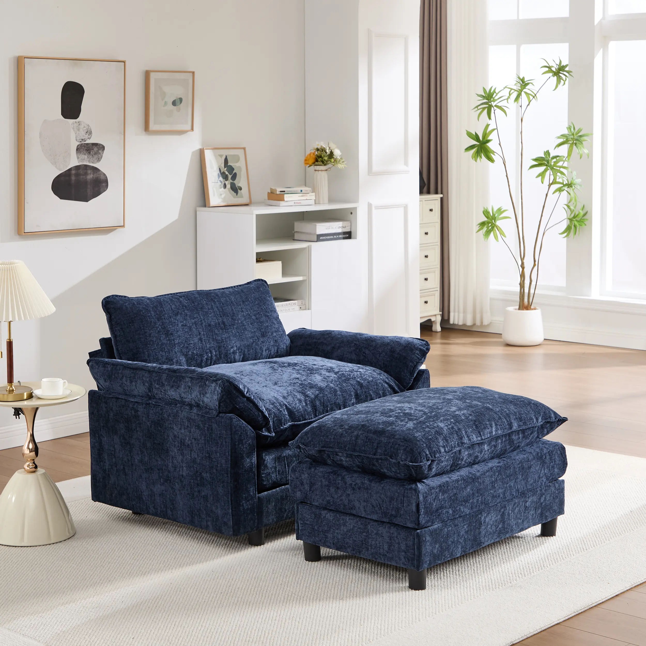 Oversized Blue Chenille Accent Chair with Ottoman, 44.5" Modern Club Armchair, Pillow Top Arms, Soft Foam Fill, Wood Frame, 350 lbs Capacity, Comfy Reading Chair for Living Room or Bedroom