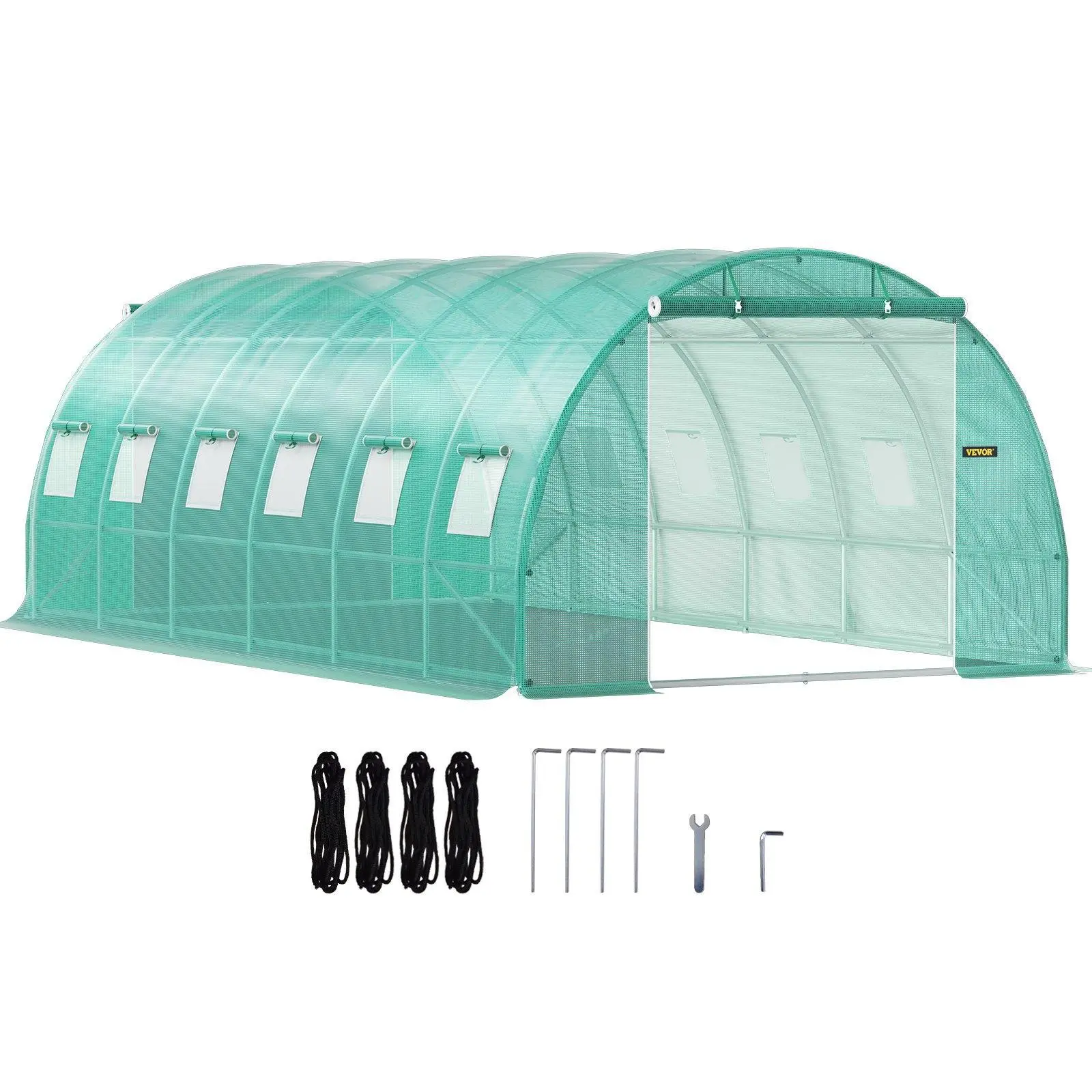 VEVOR Heavy-Duty Metal Walk-in Garden Greenhouse Tunnel, Outdoor Plant Enclosure (Max.20x10x7 ft) with Galvanized Steel Hoops, 3 Top Beams, 2 Zippered Doors, Diagonal Poles, Mesh Windows, All Tools Included, Year-Round Warm Home for Plants