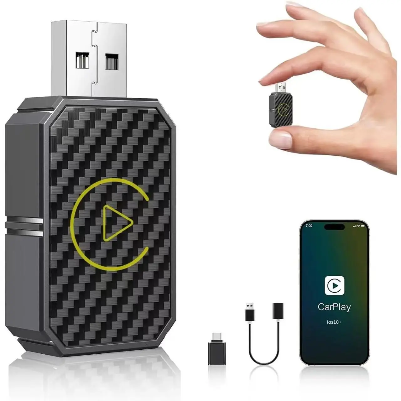 Apple 2-In-1 Wireless Carplay Adapter for iPhone & Android, Bluetooth-compatible Compact Dongle, Convert Wired to Wireless Connection, Metal Enclosure