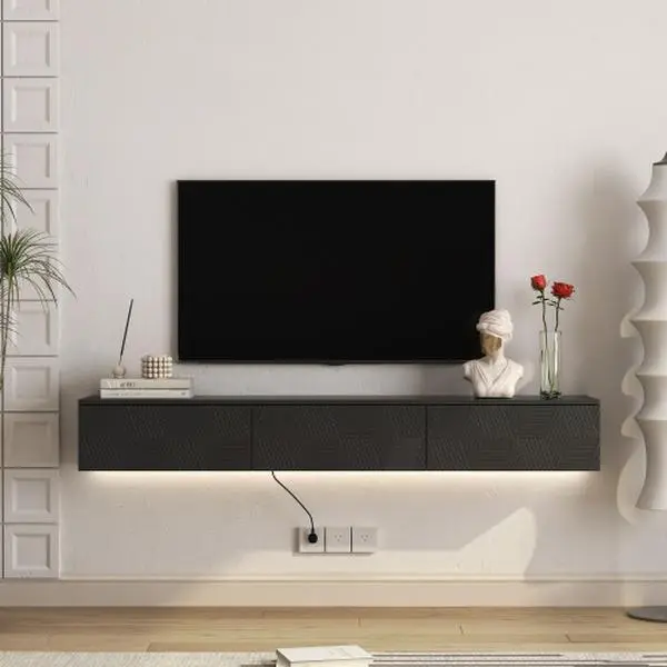 Floating TV Stand, Wall Mounted TV Cabinet With LED Lights, Power Outlet, Open Storage Shelves, High Gloss Entertainment Center For Living Room