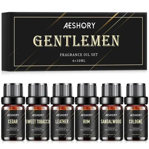 Aeshory Men's Scented Essential Oils Set - 6x10ML Woody Fragrance Oils for Candle Making, Diffuser - Sandalwood, Cedar, Leather, Bay Rum, Cologne Scents - Stress Relief - Campground Use - Gifts for Him