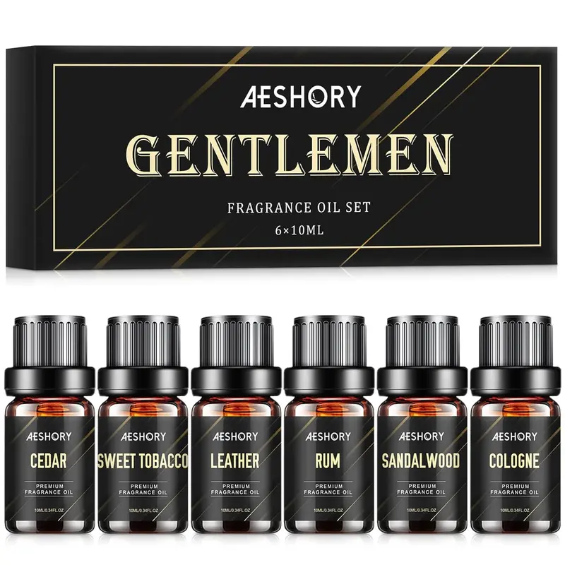 Aeshory Men's Scented Essential Oils Set - 6x10ML Woody Fragrance Oils for Candle Making, Diffuser - Sandalwood, Cedar, Leather, Bay Rum, Cologne Scents - Stress Relief - Campground Use - Gifts for Him
